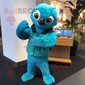 Cyan Sloth mascot costume character dressed with a Jeggings and Mittens