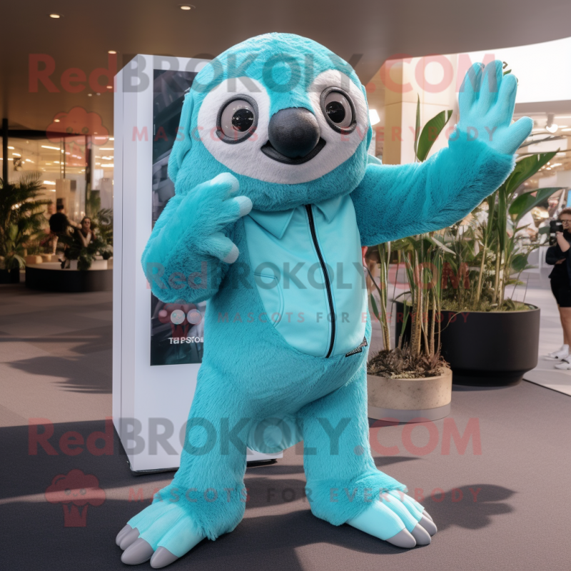 Cyan Sloth mascot costume character dressed with a Jeggings and Mittens