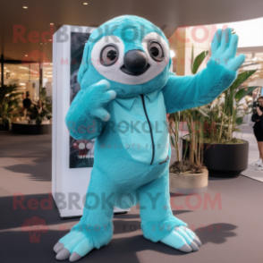 Cyan Sloth mascot costume character dressed with a Jeggings and Mittens
