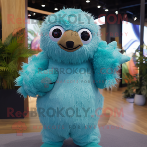 Cyan Sloth mascot costume character dressed with a Jeggings and Mittens