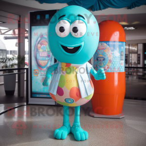 Turquoise Gumball Machine mascot costume character dressed with a Swimwear and Shawls
