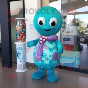 Turquoise Gumball Machine mascot costume character dressed with a Swimwear and Shawls