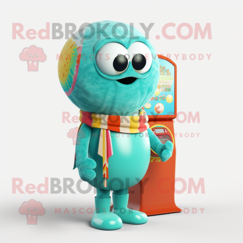 Turquoise Gumball Machine mascot costume character dressed with a Swimwear and Shawls