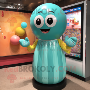 Turquoise Gumball Machine mascot costume character dressed with a Swimwear and Shawls