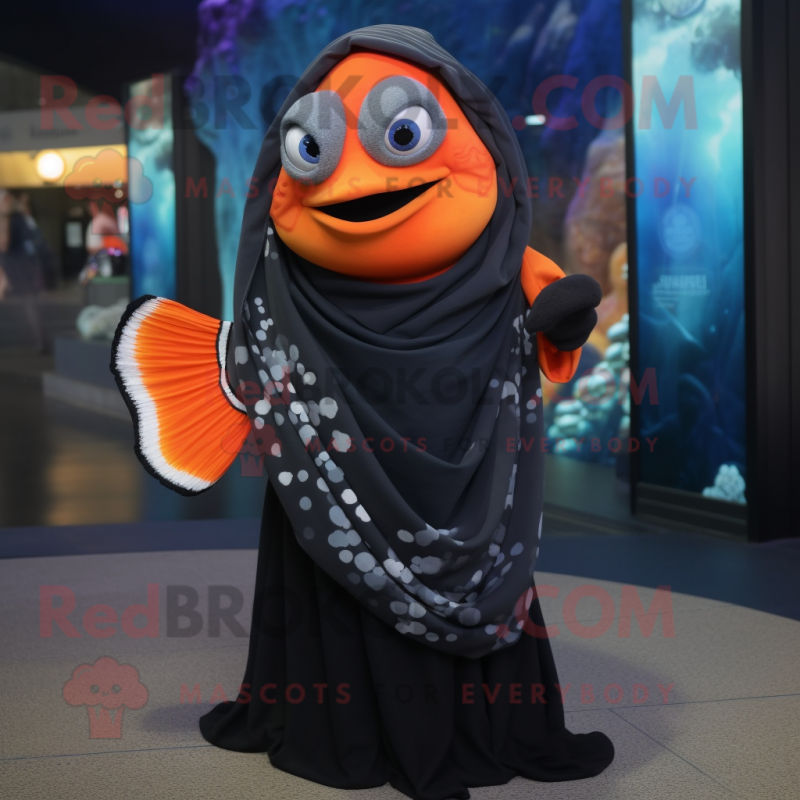 Black Clown Fish mascot costume character dressed with a Cover-up and Shawls