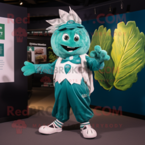 Teal Cabbage Leaf mascot costume character dressed with a Rugby Shirt and Bow ties