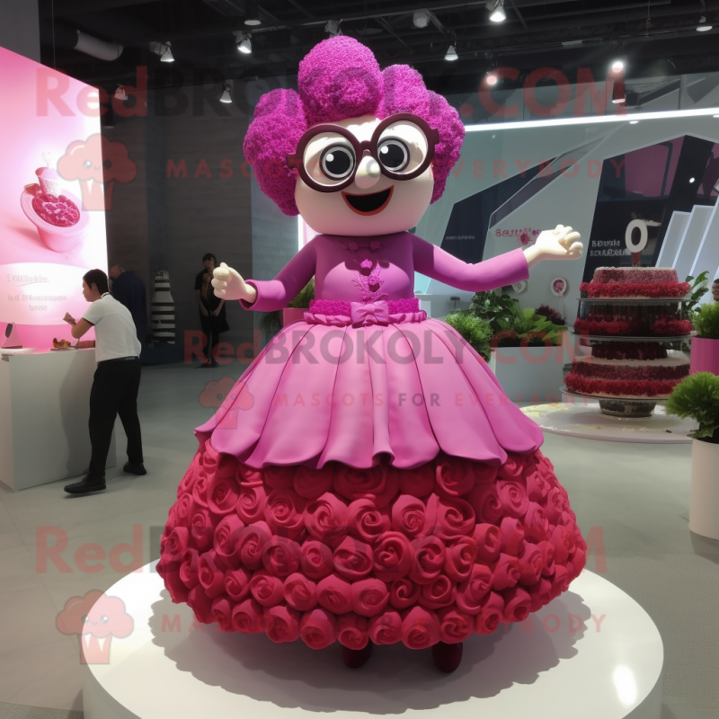 Magenta Wedding Cake mascot costume character dressed with a Circle Skirt and Eyeglasses