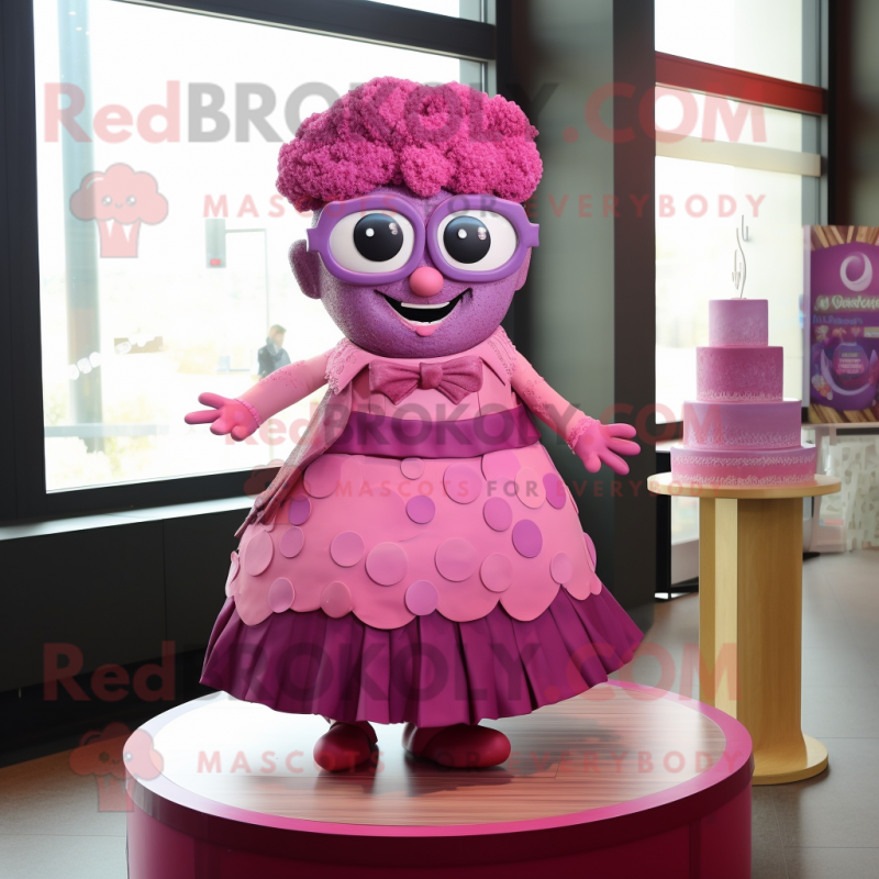 Magenta Wedding Cake mascot costume character dressed with a Circle Skirt and Eyeglasses