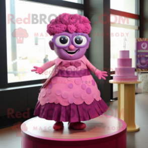 Magenta Wedding Cake mascot costume character dressed with a Circle Skirt and Eyeglasses
