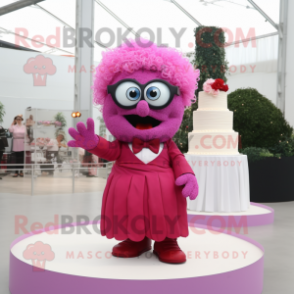 Magenta Wedding Cake mascot costume character dressed with a Circle Skirt and Eyeglasses