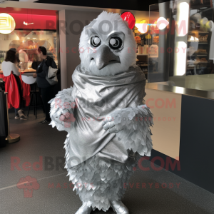 Silver Fried Chicken mascot costume character dressed with a Wrap Dress and Earrings