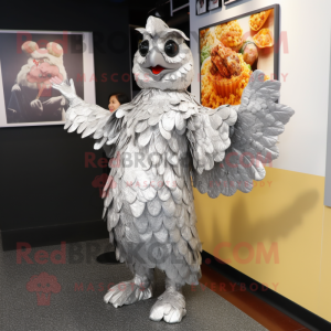Silver Fried Chicken mascot costume character dressed with a Wrap Dress and Earrings