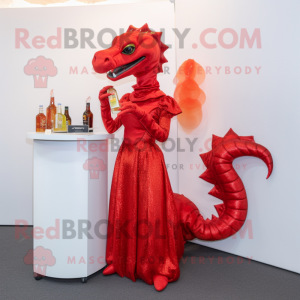 Red Hydra mascot costume character dressed with a Cocktail Dress and Clutch bags