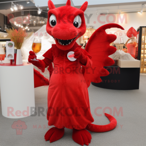 Red Hydra mascot costume character dressed with a Cocktail Dress and Clutch bags