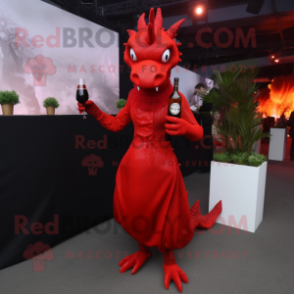 Red Hydra mascot costume character dressed with a Cocktail Dress and Clutch bags