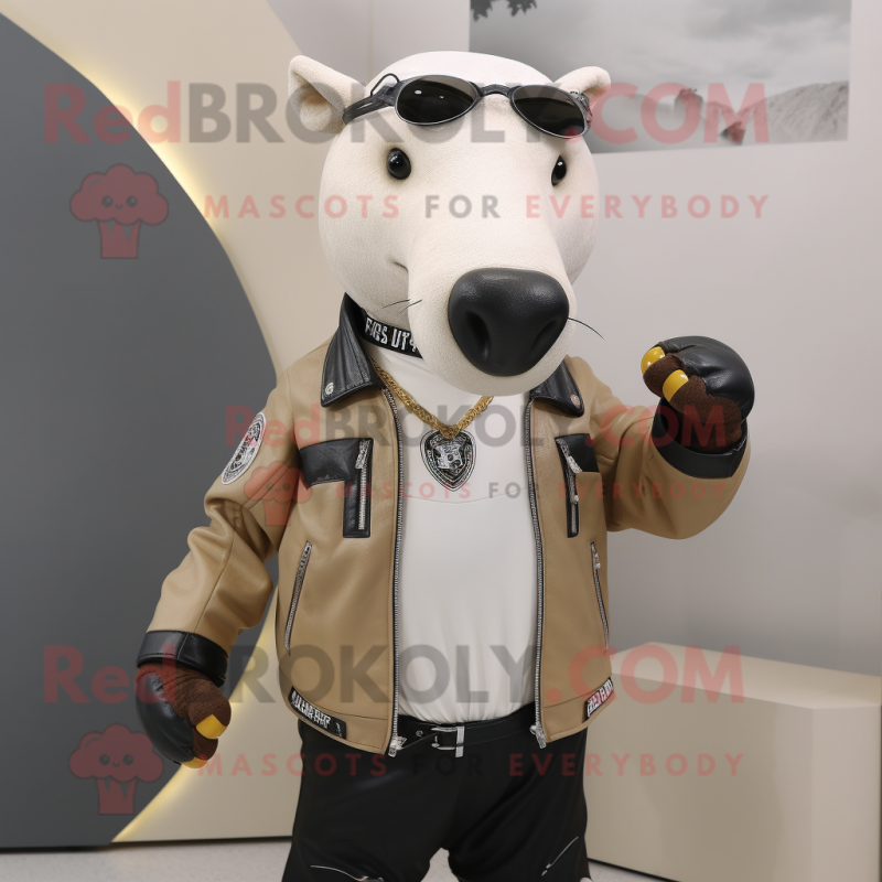 Beige Tapir mascot costume character dressed with a Biker Jacket and Necklaces