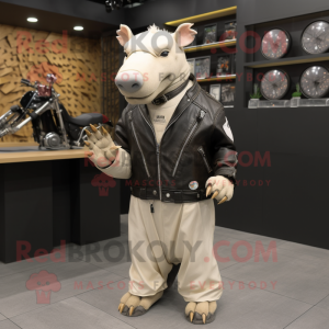 Beige Tapir mascot costume character dressed with a Biker Jacket and Necklaces