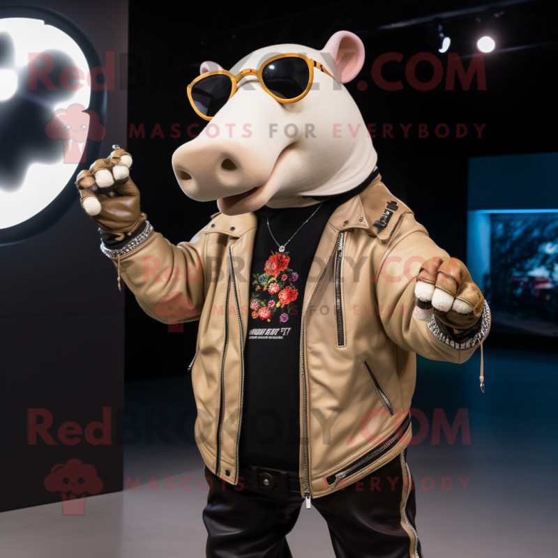 Beige Tapir mascot costume character dressed with a Biker Jacket and Necklaces Beige Tapir mascot costume character dressed with a Biker Jacket and Necklaces