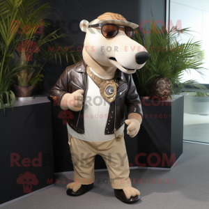 Beige Tapir mascot costume character dressed with a Biker Jacket and Necklaces