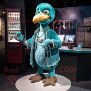 Teal Dodo Bird mascot costume character dressed with a Cardigan and Necklaces