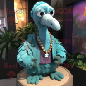 Teal Dodo Bird mascot costume character dressed with a Cardigan and Necklaces