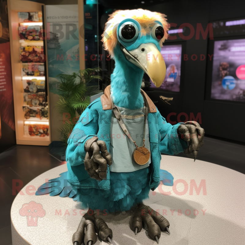 Teal Dodo Bird mascot costume character dressed with a Cardigan and Necklaces Teal Dodo Bird mascot costume character dressed with a Cardigan and Necklaces