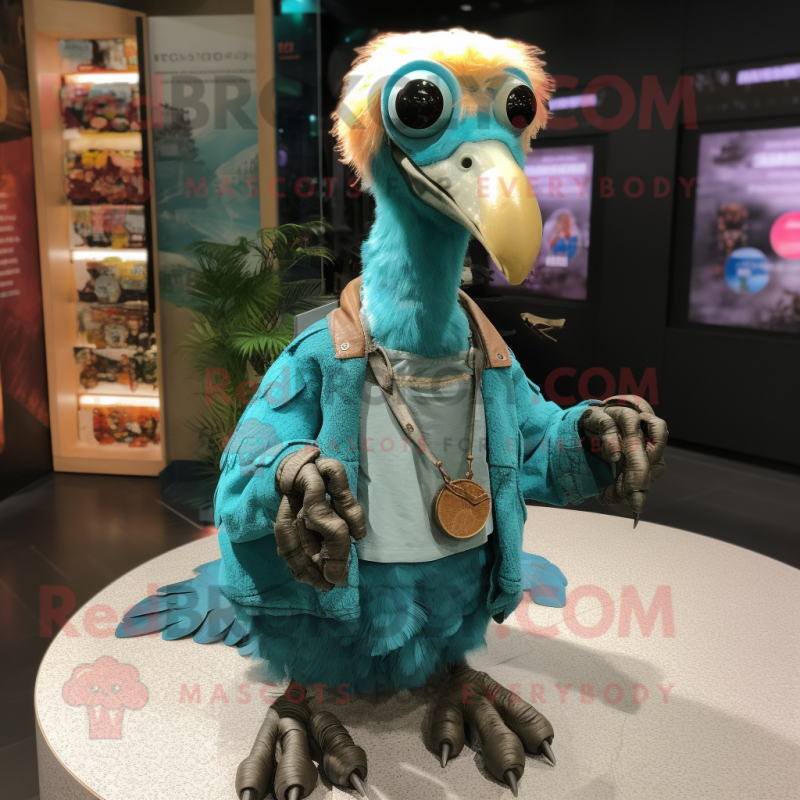 Teal Dodo Bird mascot costume character dressed with a Cardigan and Necklaces