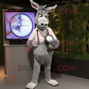 Gray Donkey mascot costume character dressed with a Dress Shirt and Digital watches