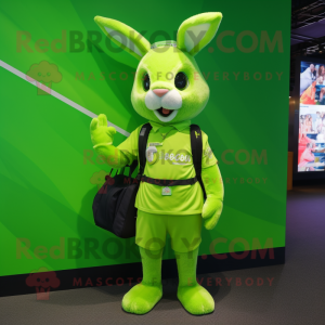 Lime Green Rabbit mascot costume character dressed with a Rash Guard and Messenger bags