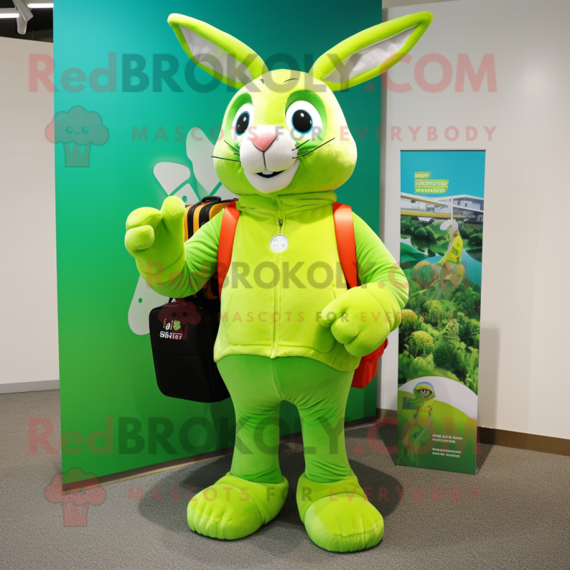 Lime Green Rabbit mascot costume character dressed with a Rash Guard and Messenger bags