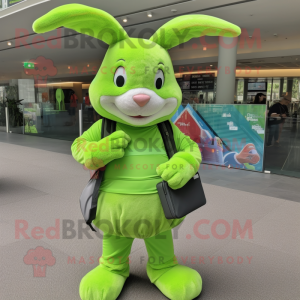 Lime Green Rabbit mascot costume character dressed with a Rash Guard and Messenger bags