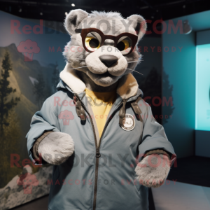 Gray Puma mascot costume character dressed with a Parka and Eyeglasses