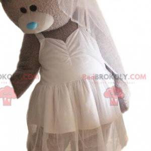 Mascot oso gris en traje de novia, traje de novia -