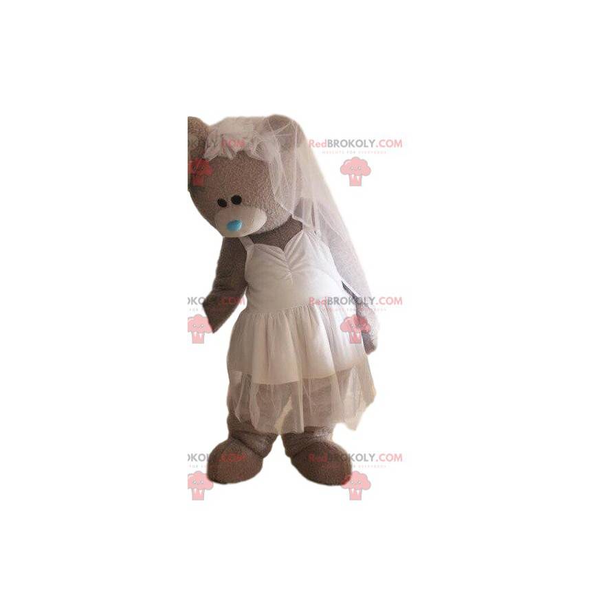 Mascotte d'ours gris en robe de mariée, costume de mariée -