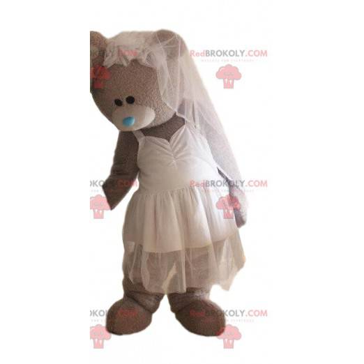 Mascot gray bear in wedding dress, bride costume -