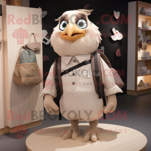 Beige Blackbird mascot costume character dressed with a Blouse and Backpacks