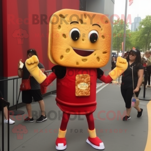 Red Grilled Cheese Sandwich mascot costume character dressed with a Shorts and Bracelet watches