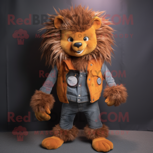 Rust Porcupine mascot costume character dressed with a Bootcut Jeans and Keychains