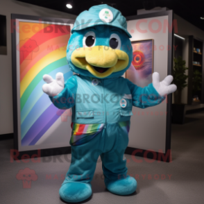 Teal Rainbow mascot costume character dressed with a Cargo Pants and Brooches