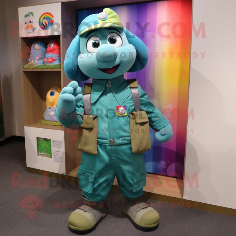 Teal Rainbow mascot costume character dressed with a Cargo Pants and Brooches Teal Rainbow mascot costume character dressed with a Cargo Pants and Brooches