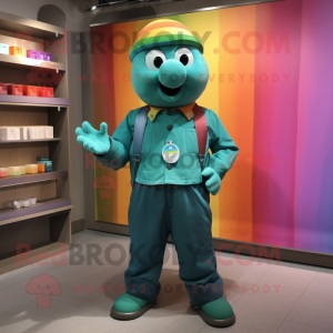 Teal Rainbow mascot costume character dressed with a Cargo Pants and Brooches
