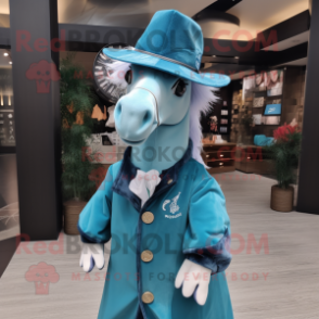 Cyan Horse mascot costume character dressed with a Jacket and Hat pins