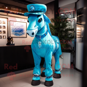 Cyan Horse mascot costume character dressed with a Jacket and Hat pins