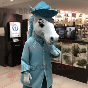 Cyan Horse mascot costume character dressed with a Jacket and Hat pins