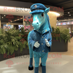 Cyan Horse mascot costume character dressed with a Jacket and Hat pins