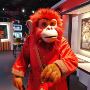 Red Chimpanzee mascot costume character dressed with a Coat and Hairpins