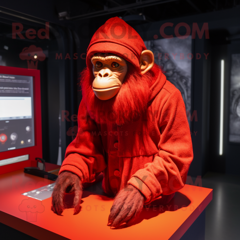 Red Chimpanzee mascot costume character dressed with a Coat and Hairpins Red Chimpanzee mascot costume character dressed with a Coat and Hairpins