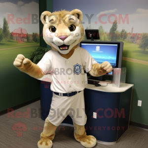 Beige Mountain Lion mascot costume character dressed with a Baseball Tee and Digital watches