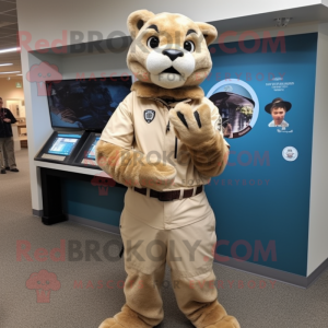 Beige Mountain Lion mascot costume character dressed with a Baseball Tee and Digital watches