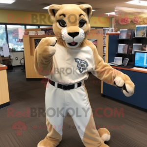 Beige Mountain Lion mascot costume character dressed with a Baseball Tee and Digital watches